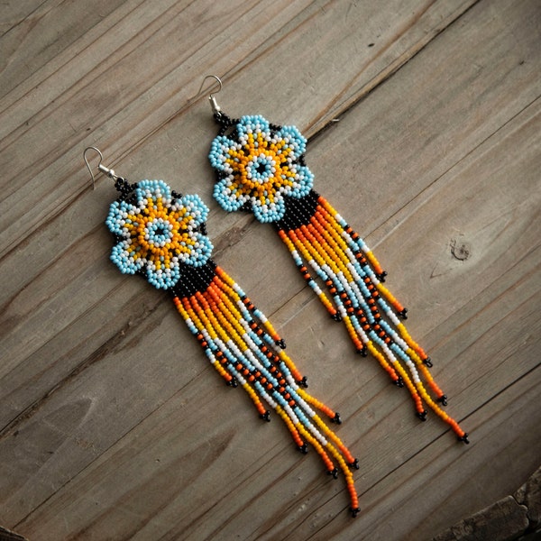Native American long beaded earrings, flower handmade earrings, indigenous made, Mayan earrings, boho style, spring dangle beaded earrings