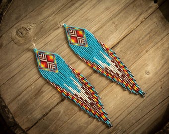 Extra Long Delica Beaded Earrings, Handmade Huichol Jewelry, Indigenous Ethnic Design, Boho Miyuki Dangles