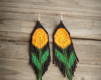 Hand Beaded Flower Earrings: Huichol Indigenous Design, Delica beads, handcrafted accessories, lightweight wear