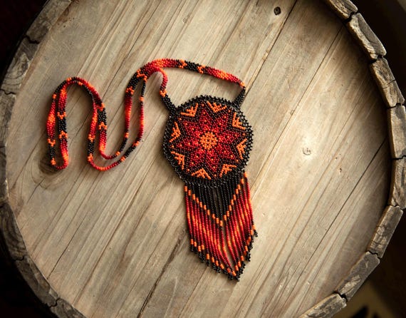 Indigenous Beaded Medallion Necklace, Huichol Wixarika Tribal