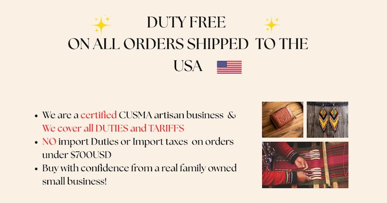 May include: A promotional graphic featuring text about duty-free shipping to the USA, alongside three small inset images: a brown leather wallet, a pair of long yellow and black patterned earrings, and a person weaving red and black fabric on a loom.