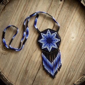 Indigenous Beaded Medallion, Medicine necklace, beaded pouch, Indigenous necklace, Huichol tribal  necklace, Wixarika necklace, beaded art