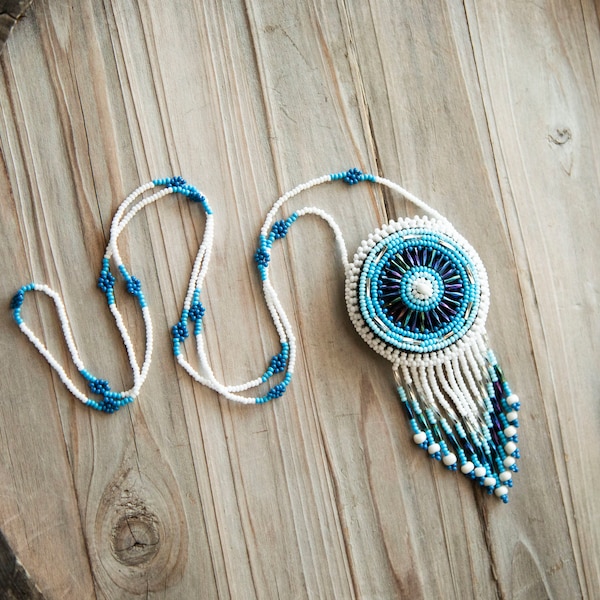 Indigenous Beaded Medallion Necklace, Huichol Wixarika Tribal Jewelry, Medicine Beaded Pouch, Handmade Accessory