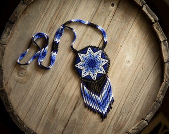 Indigenous Beaded Medallion, Medicine necklace, beaded pouch, Indigenous necklace, Huichol tribal  necklace, Wixarika necklace, beaded art