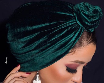 Velvet turban with a knotted feature at the front.