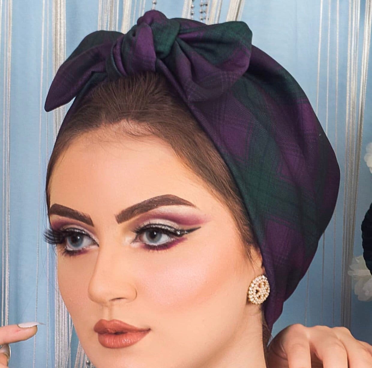 Checkered Purple And Olive Knotted Bow Turban