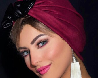 Chamois turban with leather knotted bow women turban