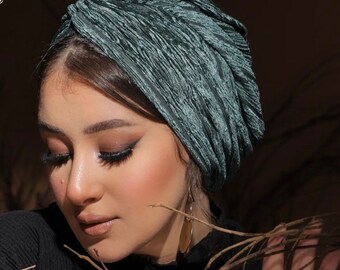 New velvet turban available in many ways one piece or two pieces available this color and black, dark red, and dark green