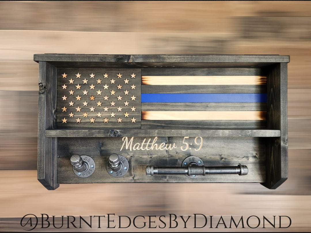 Blue Line Gear Rack Thin Blue Line MATTHEW 5:9, Duty/gear Rack, Wooden, American Flag ...
