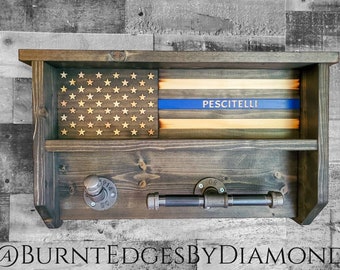 Rustic, Thin Blue Line, Duty/Gear Rack, Wooden, American Flag, Police, K9, Cop Caddy, Vest Holder