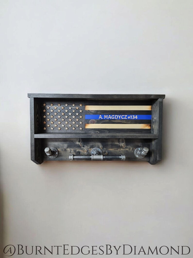 Wooden Police Duty Rack, Gear Rack, Thin Blue Line, Engraved, Personalized, 26.5 x 14