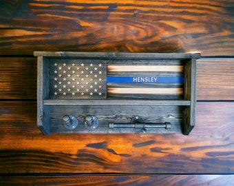 Rustic, Thin Blue Line, Duty/Gear Rack, Wooden, American Flag, Police Officer, K9, Cop Caddy, Vest Holder, Engraved, Personalized