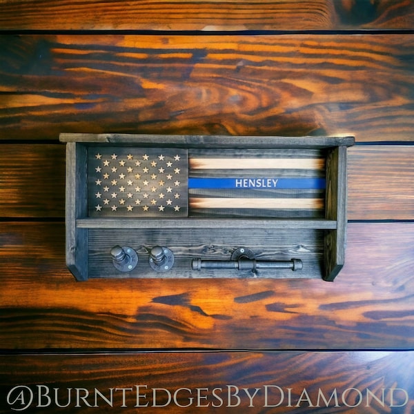 Thin Blue Line, Duty/Gear Rack, Wooden, American Flag, Police Officer, K9, Cop Caddy, Vest Holder, Engraved, Personalized