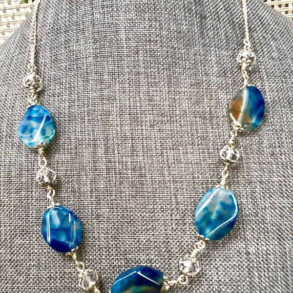 Blue veined agate necklace and earring set with Swarovski crystals