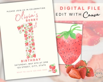 Berry 1st Birthday Invitation, Editable Template, Digital Download Product, Custom Strawberry Birthday, Print at Home