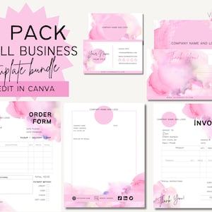Modèle modifiable de facture aquarelle rose barbe à papa, formulaire de facture, carte de visite, modèle de canva de petite entreprise, bon de commande