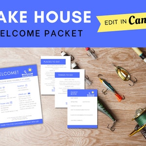May include: A lake house welcome packet with blue and white informational cards. The cards include the text "Welcome!", "Places to Eat", "Things to Do", and "Guest Book". Fishing lures and a fishing rod are also visible.