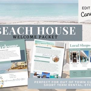 May include: A welcome packet for a beach house rental. The packet includes information about the house, local shops, and grocery stores. The packet is designed to help guests feel welcome and have a great stay.