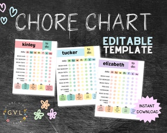 Kid&#39;s Chore Chart | Colorful | Tracker | Printable | Customizable | Template
