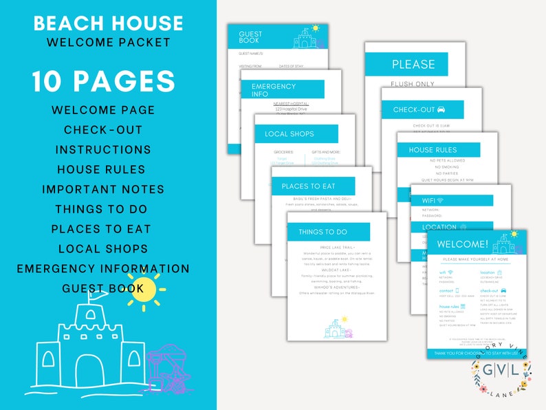10 Pack, Beach House Rental Packet Editable Template,