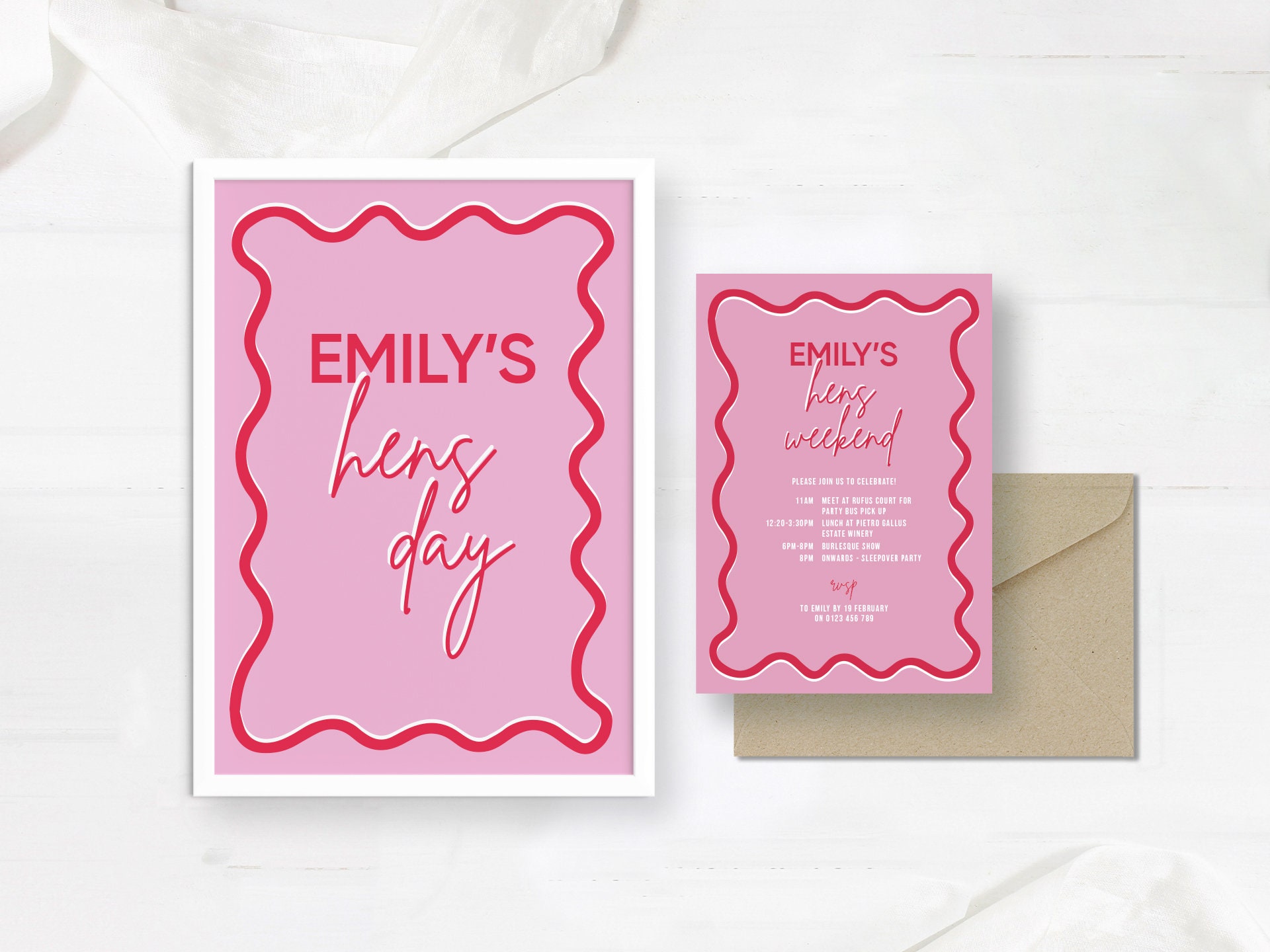 Editable Pink & Red Wavy Hand Drawn Invitation, Pink Birthday ...