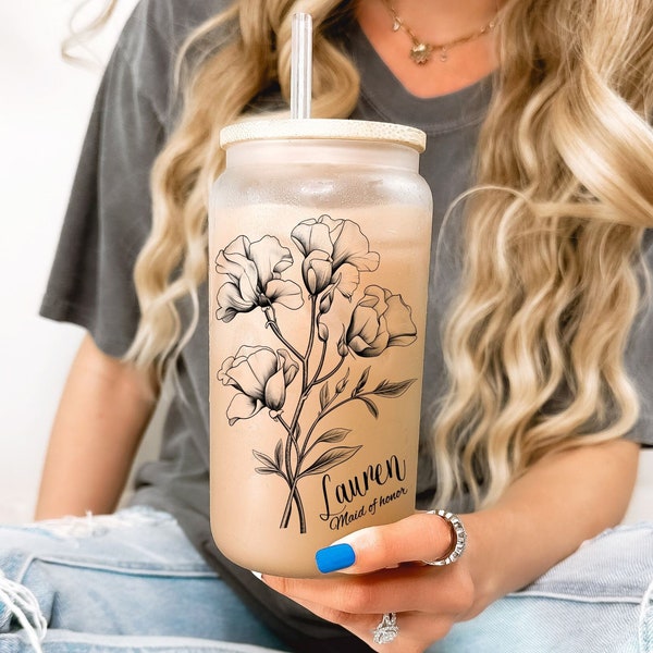 Bridesmaid Proposal Glass Tumbler Birth Flower Iced coffee cup Bridesmaid proposal Gift Bridal Party Gift Maid of honor Be my Bridesmaid