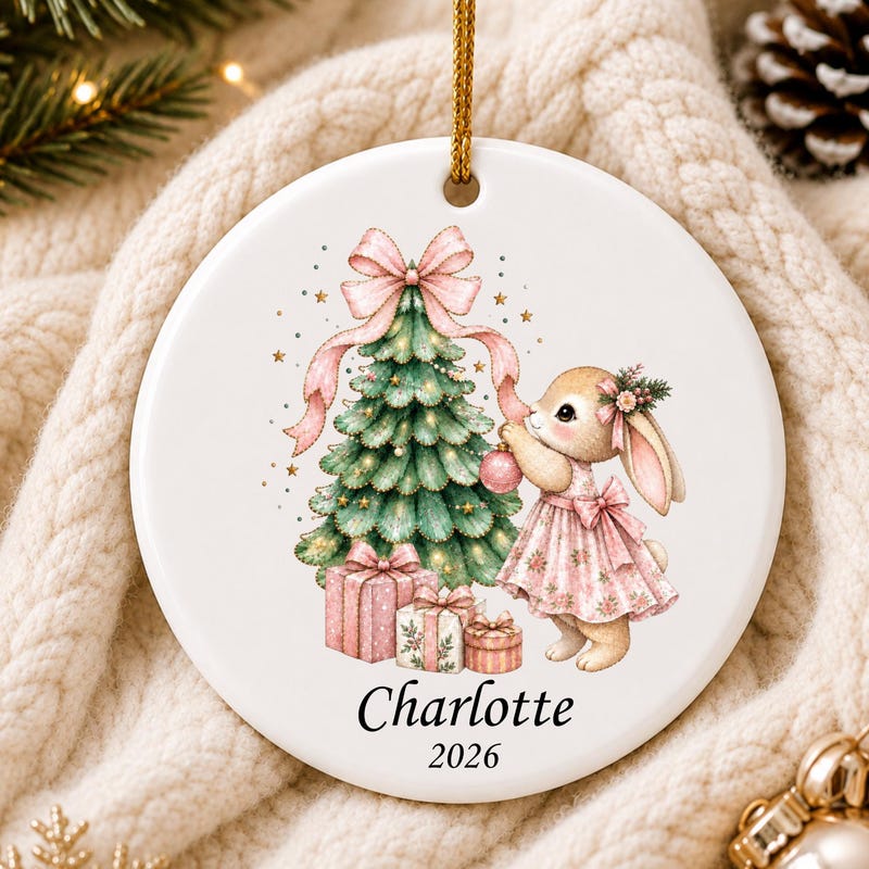 Personalized Girl Christmas Ornament, Pink Bow Bunny Ornament, Baby Girl First Christmas Ornament
