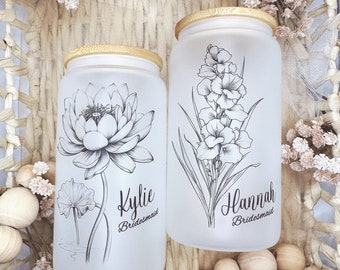 Bridesmaid Proposal Glass Tumbler Birth Flower Iced coffee cup Bridesmaid Gift Personalized Gift for her, Maid of honor Be my Bridesmaid