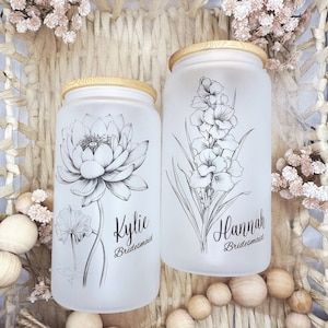 Bridesmaid Proposal Glass Tumbler Birth Flower Iced coffee cup Bridesmaid Gift Personalized Gift for her, Maid of honor Be my Bridesmaid