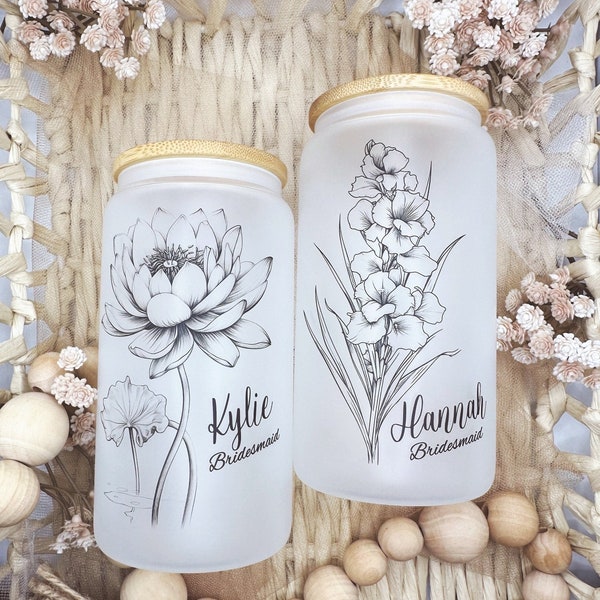 Bridesmaid Proposal Glass Tumbler Birth Flower Iced coffee cup Bridesmaid proposal Gift Bridal Party Gift Maid of honor Be my Bridesmaid