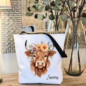 Cow bag Personalized Highland Cow Tote Bag, Personalized cow Gift for her, Custom Cow Gift, Personalized Highland Cow Christmas Gift