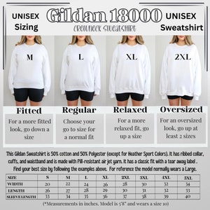 May include: White Gildan 18000 unisex crewneck sweatshirt sizing guide. The guide shows how the sweatshirt fits: fitted, regular, relaxed, and oversized. Measurements are in inches. The model is 5'8" and wears a size 10.
