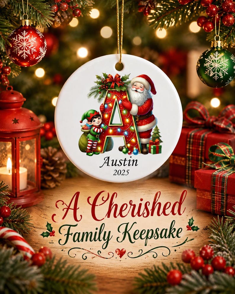 May include: A round white ceramic Christmas ornament featuring a large red letter A decorated with colorful string lights, a Santa Claus figure, and an elf. The text Austin and 2025 are printed below the letter. It hangs by a gold string.
