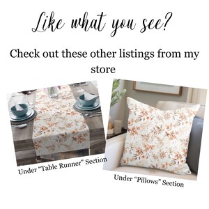 May include: Two images showing a table runner and a pillow with a watercolor leaf pattern in shades of brown, orange, and white. The text "Under "Table Runner" Section" and "Under "Pillows" Section" is below each image.