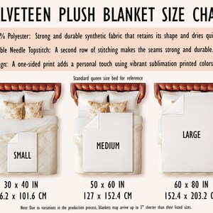 May include: Size chart for plush velvet blankets in small, medium, and large sizes. The chart shows the dimensions in inches and centimeters for each size. The chart also includes a note about possible variations in size due to the production process.