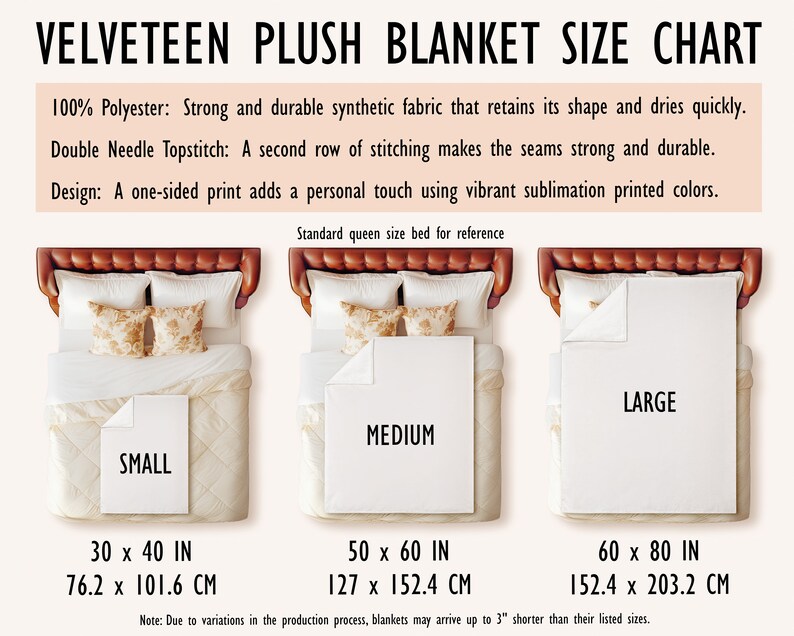 May include: Size chart for plush velvet blankets in small, medium, and large sizes. The chart shows the dimensions in inches and centimeters for each size. The chart also includes a note about possible variations in size due to the production process.