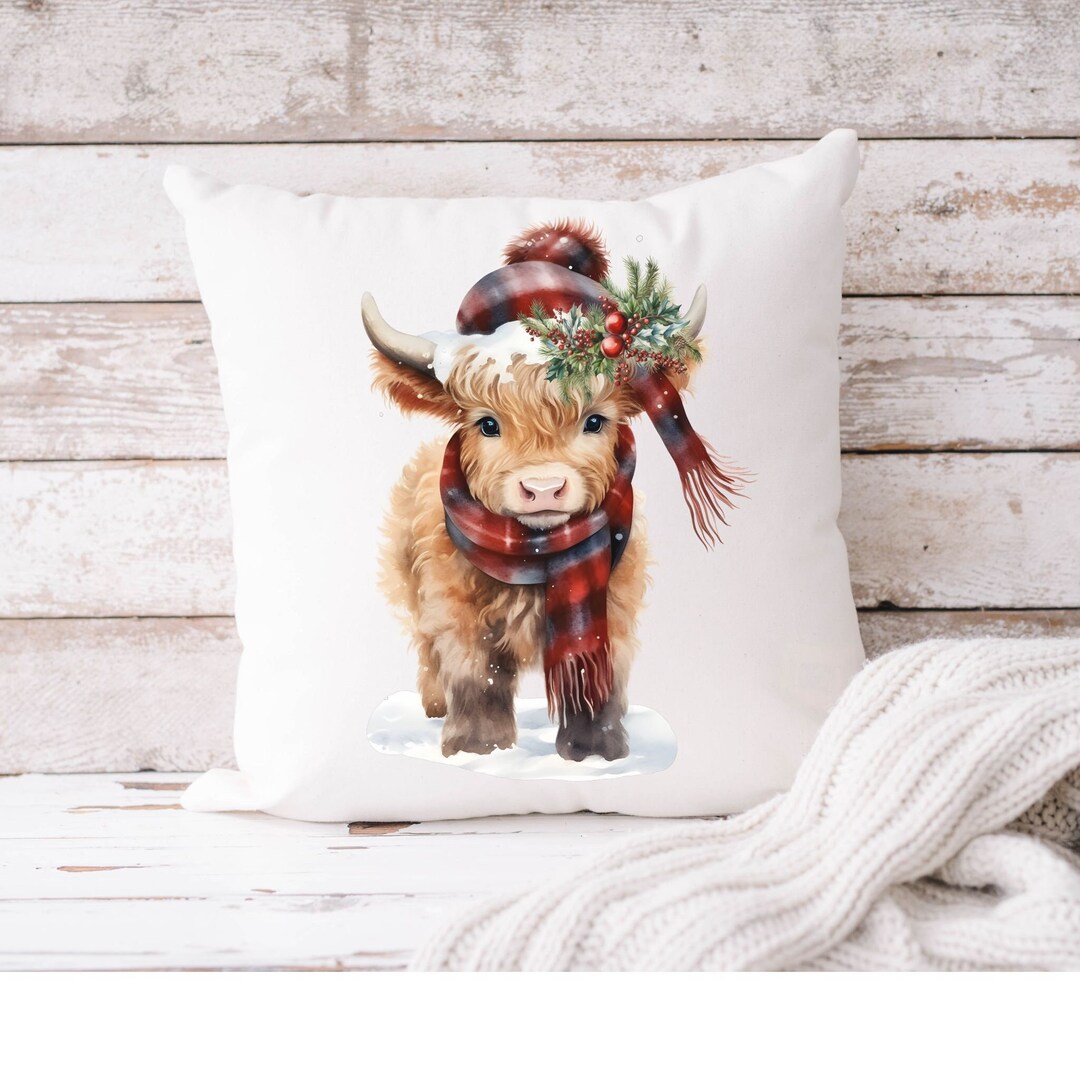 Highland Cow Christmas Throw Pillow, Cow Christmas Decor, Farmhouse
