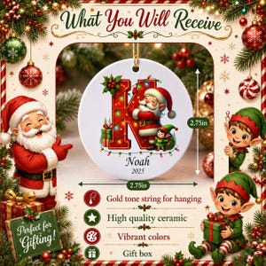 Letter Name Ornament, Santa Elf Ornament Personalized Christmas Ornament 2025, Custom Initial ornament, Christmas ornament for kids, Family image 8