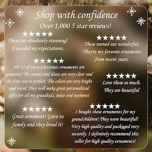 May include: A rectangular graphic with a dark brown background featuring white text that reads Shop with confidence, Over 1,000 5 star reviews, and several customer testimonials accompanied by five-star ratings and white snowflake icons.