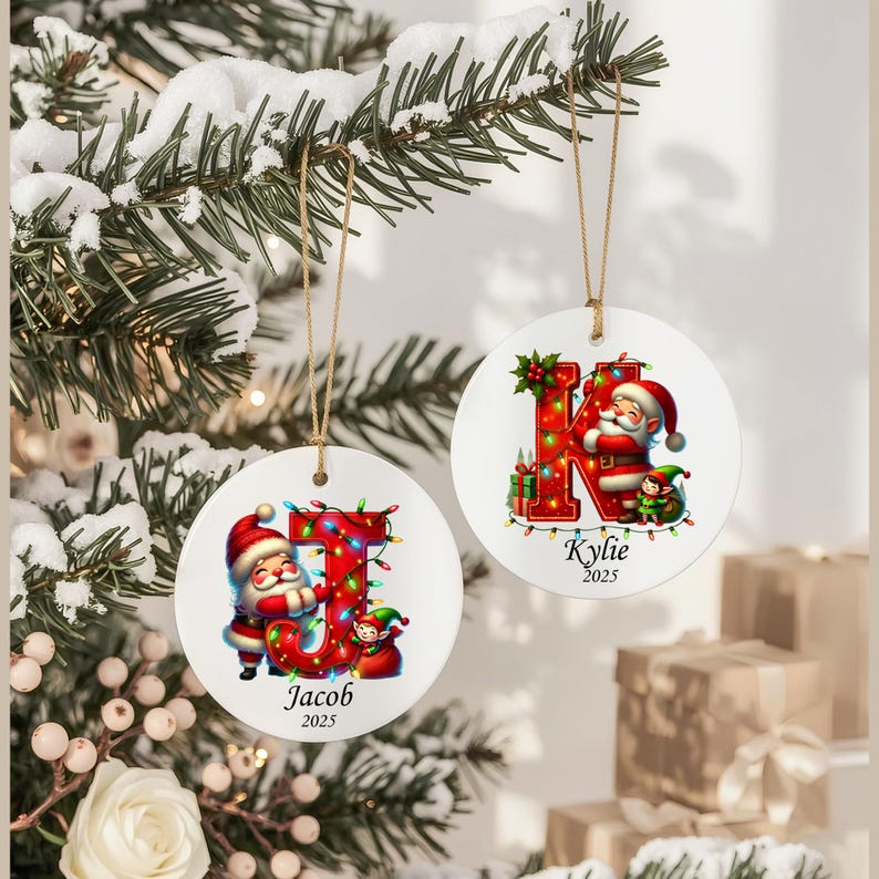 Letter Name Ornament, Santa Elf Ornament Personalized Christmas Ornament 2025, Custom Initial ornament, Christmas ornament for kids, Family image 3