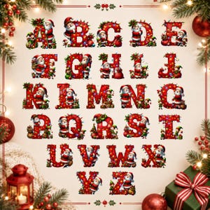 May include: A complete alphabet set featuring letters A through Z designed with a red, textured pattern, wrapped in colorful Christmas lights, and decorated with illustrations of Santa Claus and small green elves throughout the characters.