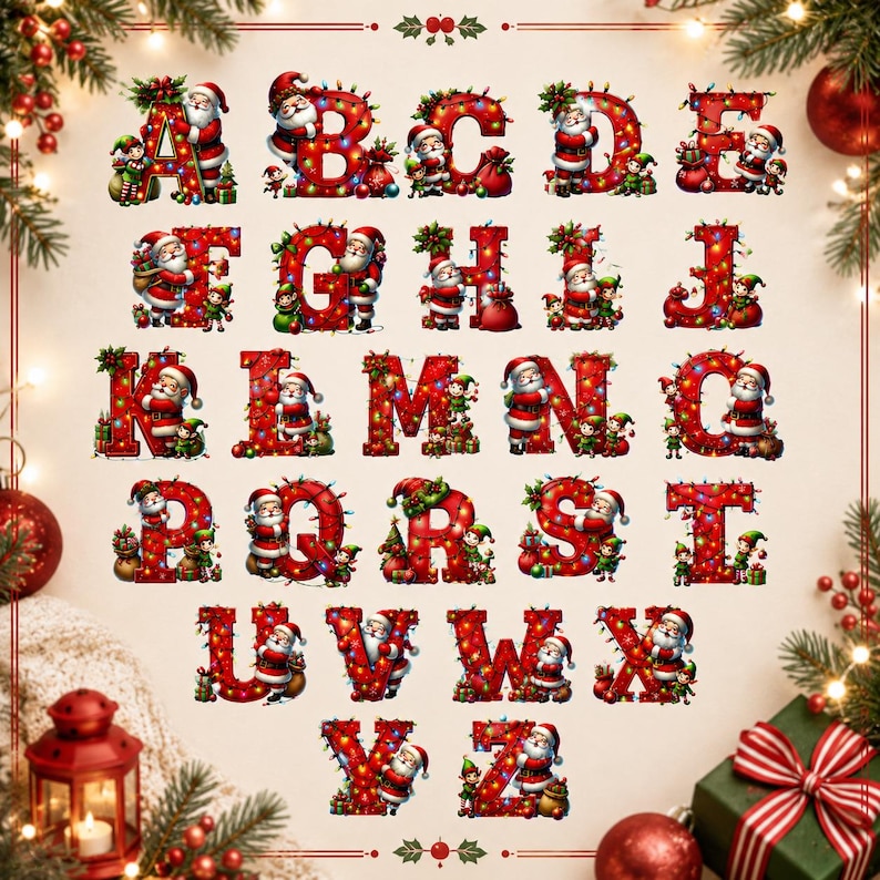 May include: A complete alphabet set featuring letters A through Z designed with a red, textured pattern, wrapped in colorful Christmas lights, and decorated with illustrations of Santa Claus and small green elves throughout the characters.