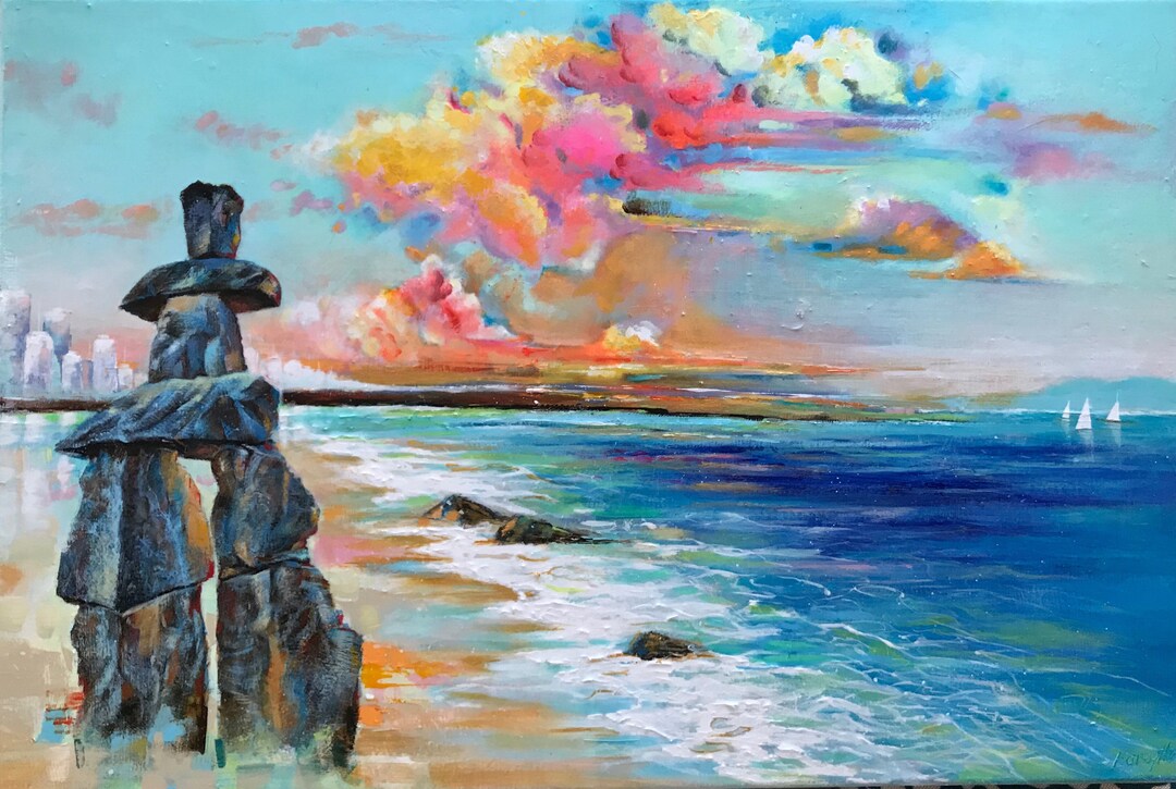 Colourful Abstract Landscape Painting of Inukshuk & English Bay Etsy Canada