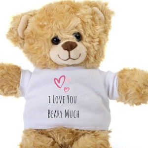 Puede incluir: Un oso de peluche marrón que lleva una camiseta blanca con corazones rosas y el texto "I love you Beary Much".