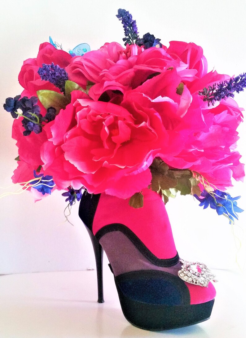 Navy Blue and Fuchsia Ankle Boot With Fuchsia Peonies and Dahlias ...