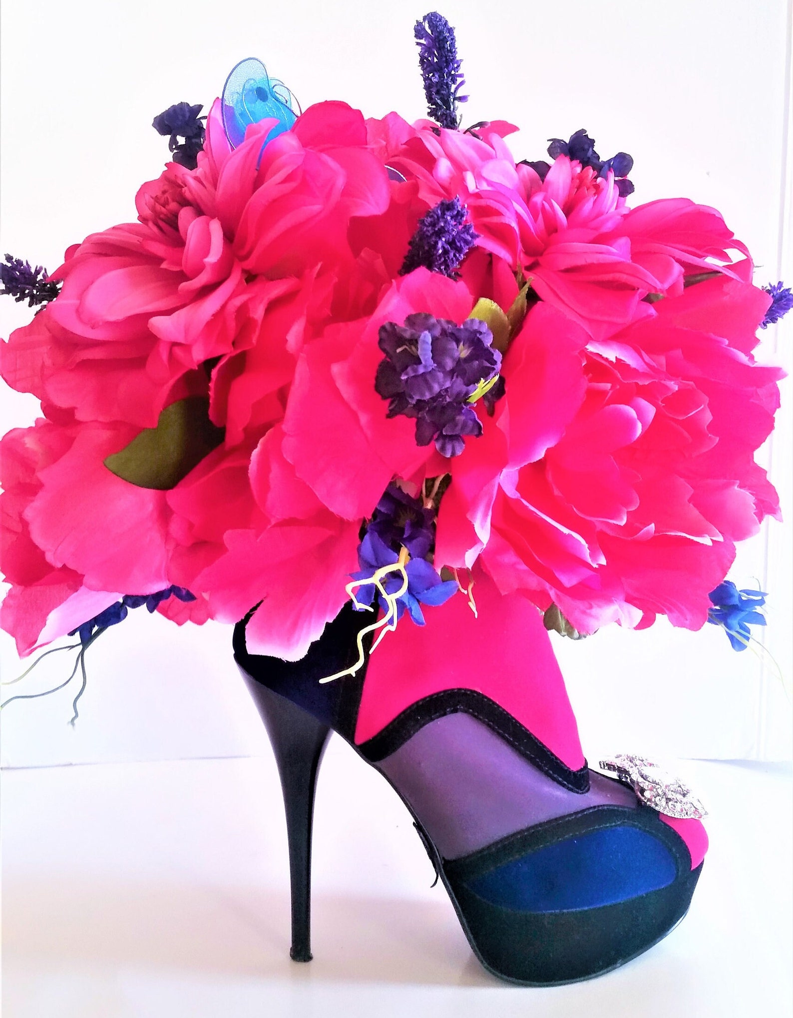 Navy Blue and Fuchsia Ankle Boot With Fuchsia Peonies and Dahlias ...