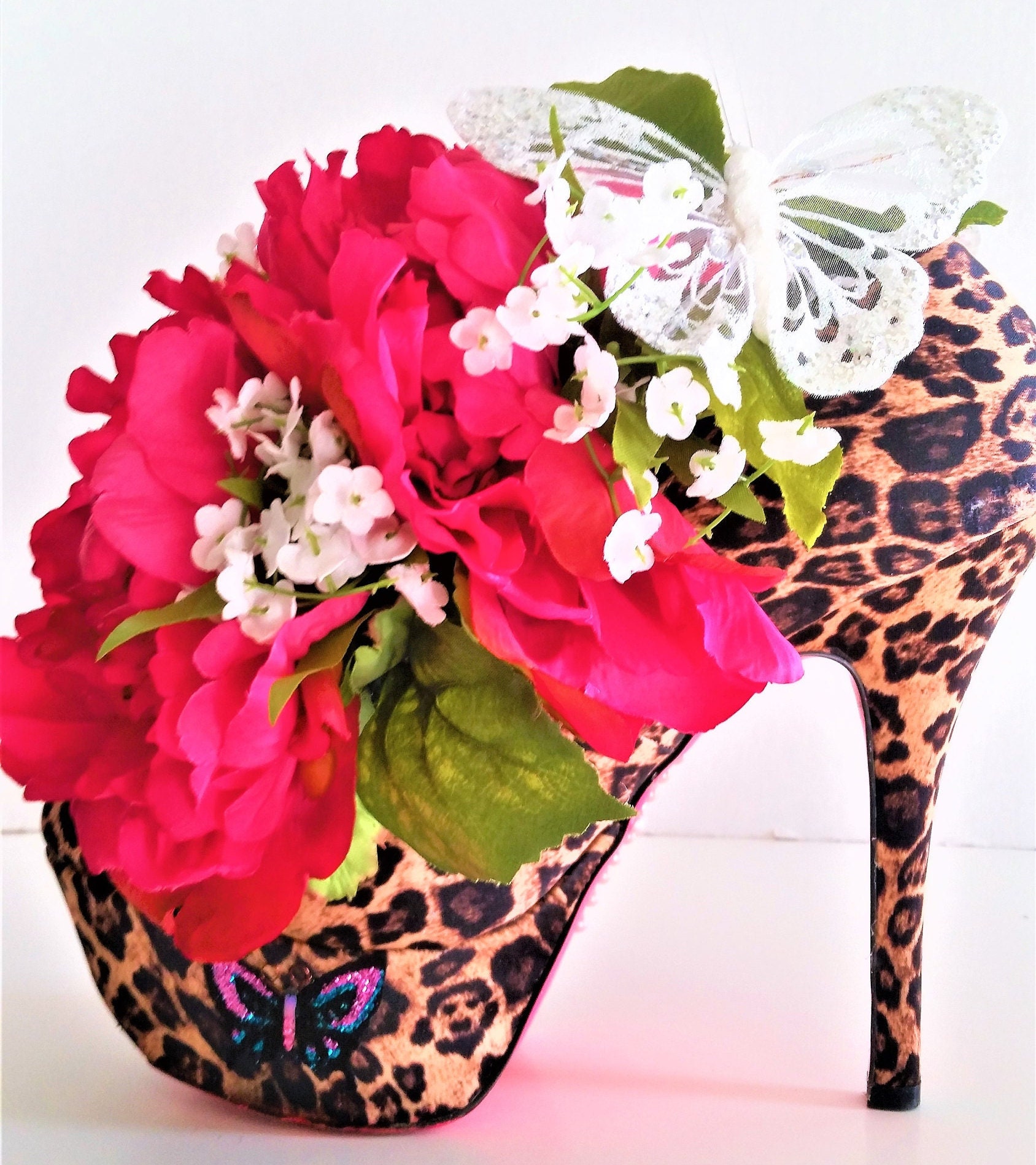 Leopard Print Stiletto Silk Fuchsia Peonies and Baby Breath and White Butterflies Centerpiece for Mothers Day Gift or Home