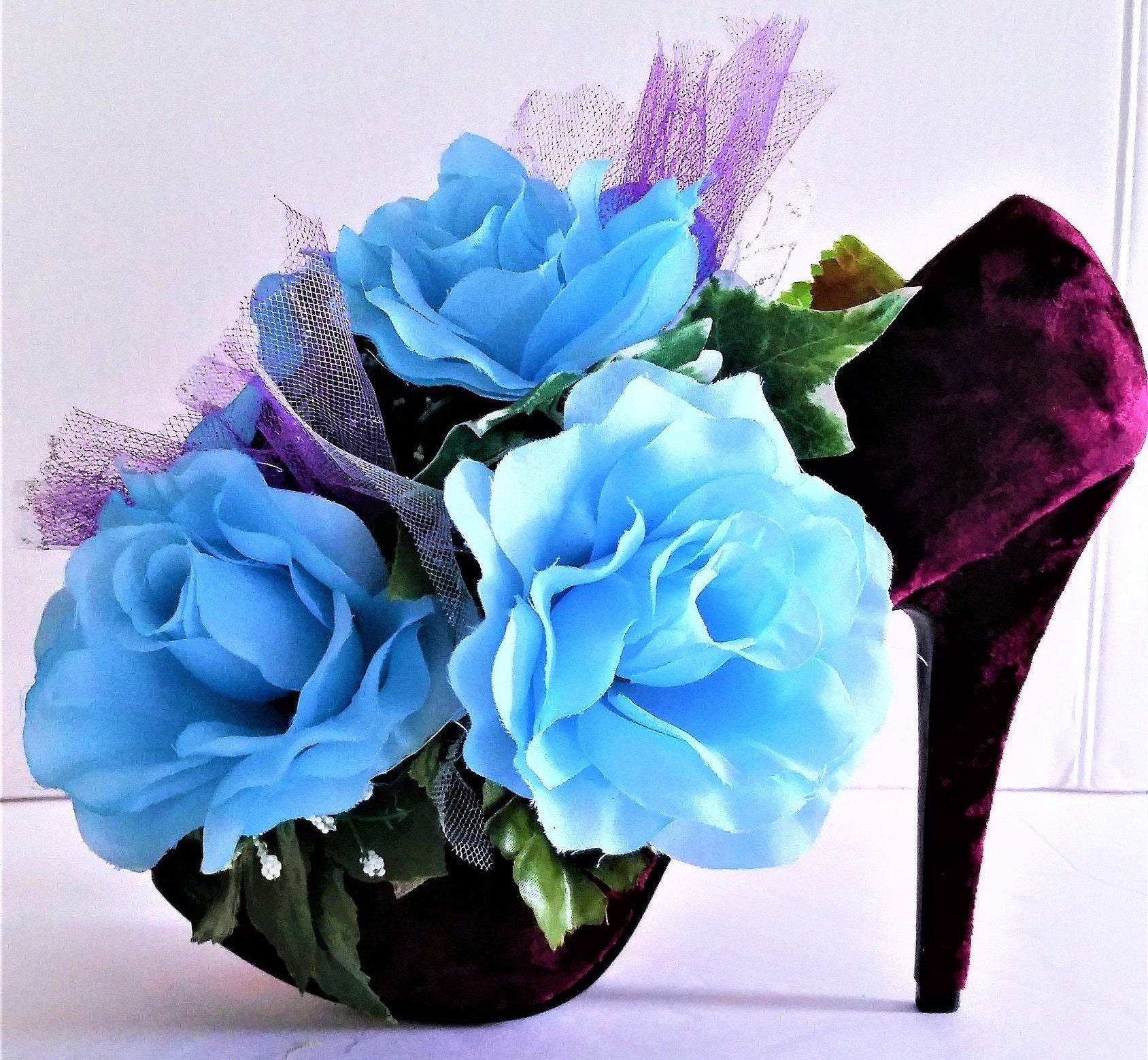 Purple Velvet Stiletto Baby Blue Open Roses Floral Centerpiece - Etsy