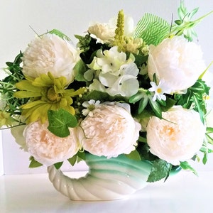 Seashell Vase with Closed Cream Peonies, Hydrangeas and Roses Floral Centerpiece for Home Decor or Beach Resort Decor