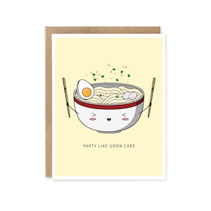 Party Like Udon Care // carte d’anniversaire - carte de célébration - carte de vœux punny - carte de jeu de mots alimentaire - carte mignonne - jeux de mots - udon - nouilles
